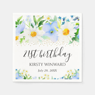 Watercolor Blue Flowers and Daisies Birthday Napkins
