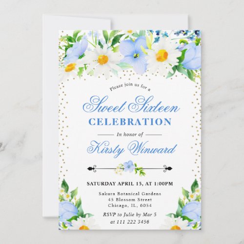 Watercolor Blue Flowers and Daisies Photo Sweet 16 Invitation