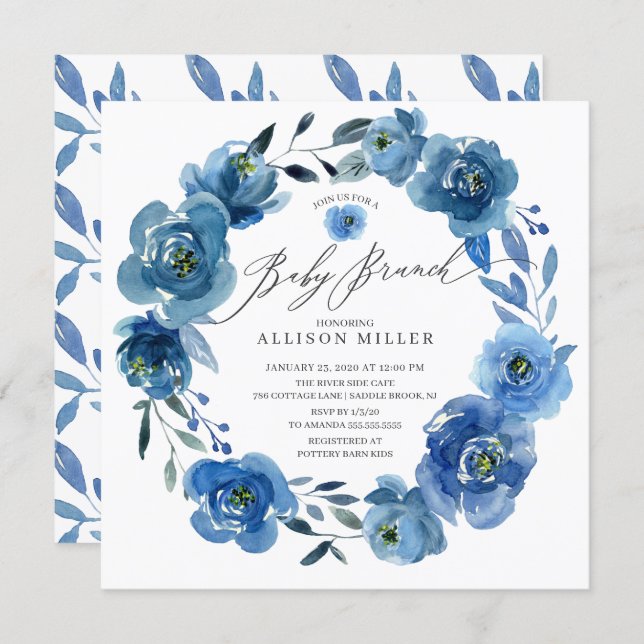 Watercolor Blue Flowers Baby Shower Brunch Invitation (Front/Back)