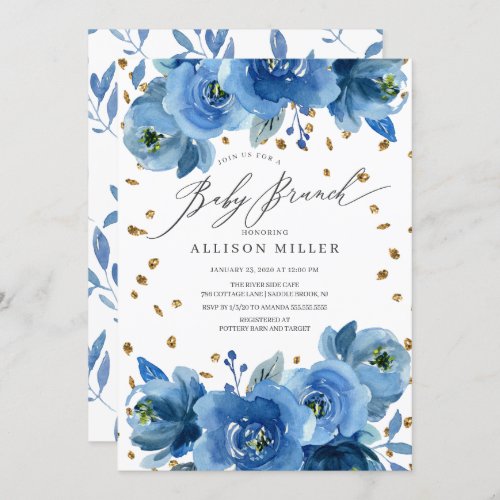 Watercolor Blue Flowers Baby Shower Brunch Invitation - Beautiful watercolor indigo navy blue flowers baby brunch design with scattered gold glitter and a coordinating leaf back for an extra special touch