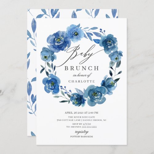 Watercolor Blue Flowers Baby Shower Brunch Invitation - Beautiful baby shower brunch invitation featuring beautiful watercolor indigo navy blue floral wreath with a coordinating leaf back for an extra special touch.