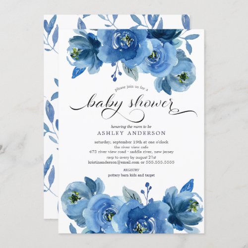 Watercolor Blue Flowers Baby Shower Invitation - Beautiful watercolor indigo navy blue flowers baby shower design with a coordinating leaf back for an extra special touch.