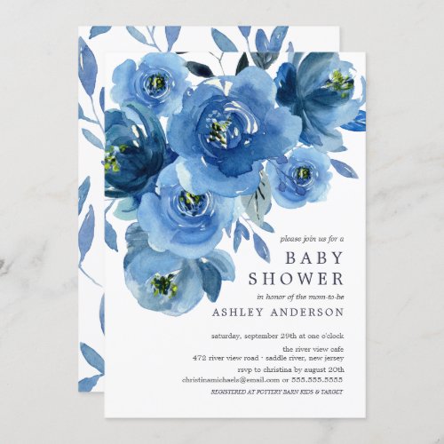 Watercolor Blue Flowers Baby Shower Invitation - Beautiful watercolor indigo navy blue flowers baby shower design with a coordinating leaf back for an extra special touch.