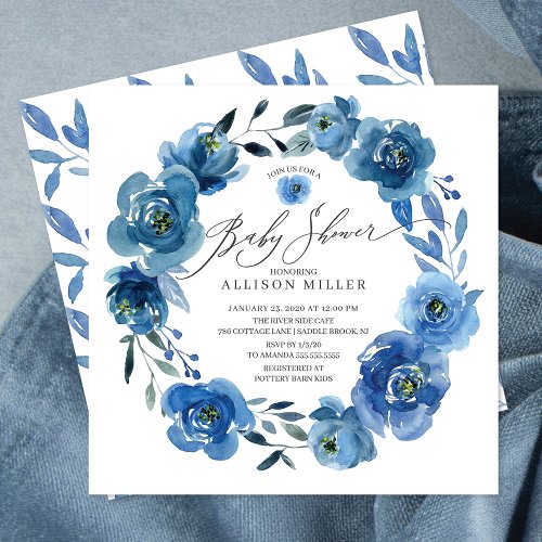 Watercolor Blue Flowers Baby Shower Invitation - Beautiful watercolor indigo navy blue flowers baby shower design with a coordinating leaf back for an extra special touch.