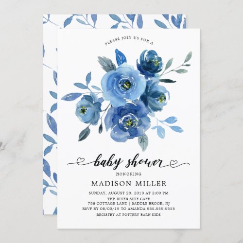 Watercolor Blue Flowers Baby Shower Invitation - Beautiful watercolor indigo navy blue flowers baby shower design with a coordinating leaf back for an extra special touch.