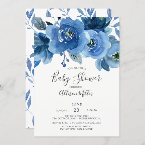 Watercolor Blue Flowers Baby Shower Invitation - Beautiful watercolor indigo navy blue flowers baby shower design with a coordinating leaf back for an extra special touch.