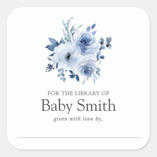 Watercolor Blue Flowers Baby Shower Library Square Sticker