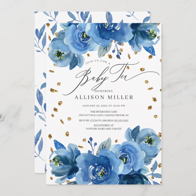 Watercolor Blue Flowers Baby Shower Tea Invitation (Front/Back)