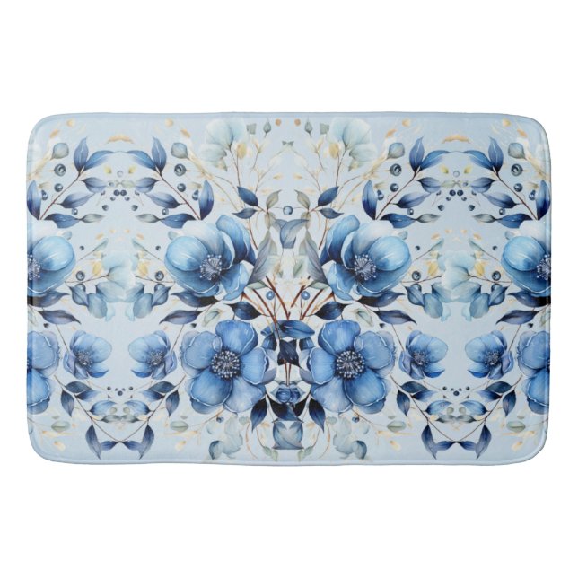 Watercolor Blue Flowers Bath Mat (Front)