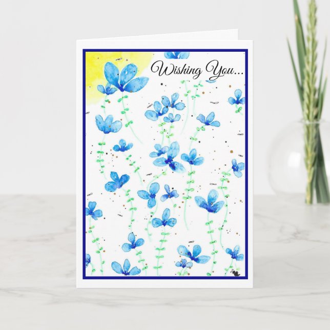 Watercolor Blue Flowers Birthday Wishes Card (Front)