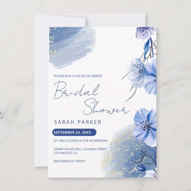 Watercolor Blue Flowers Bridal Shower Invitation (Front)