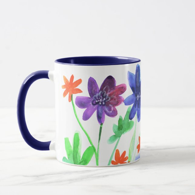 Watercolor blue flowers bright painting mug (Left)