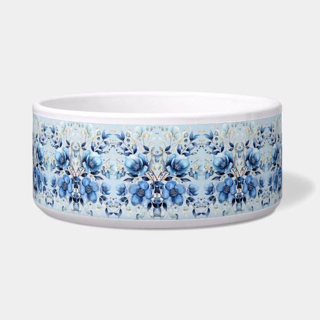Watercolor Blue Flowers Ceramic Pet Bowl (Front)