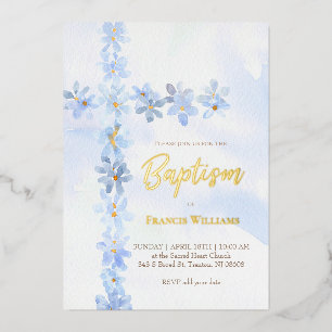 watercolor blue flowers cross Baptism Foil Invitation