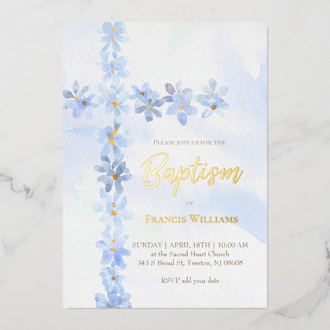 watercolor blue flowers cross Baptism Foil Invitation (Front)