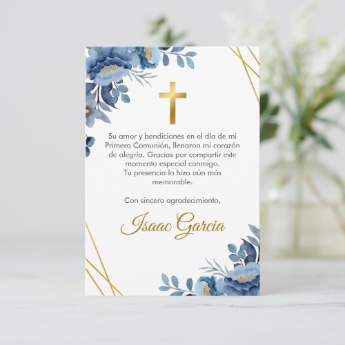 Watercolor Blue Flowers Cute First Communion Thank You Card