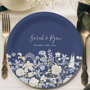 Watercolor Blue Flowers Elegant Floral Garden Paper Plates