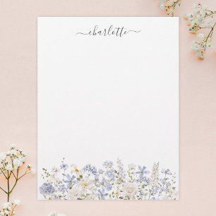 Watercolor Blue Flowers Elegant Monogram Floral Letterhead