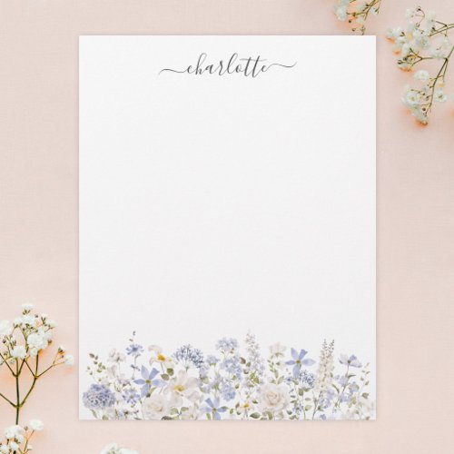 Watercolor Blue Flowers Elegant Monogram Floral Letterhead