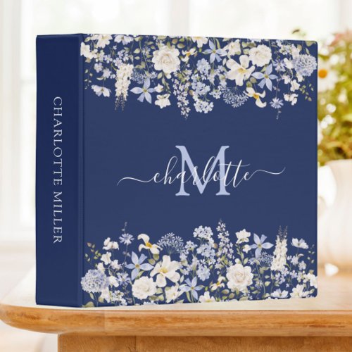 Watercolor Blue Flowers Elegant Script Monogrammed 3 Ring Binder