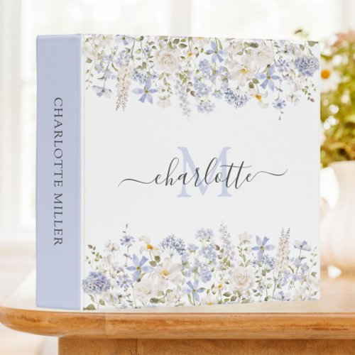 Watercolor Blue Flowers Elegant Script Monogrammed 3 Ring Binder