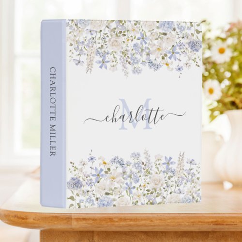 Watercolor Blue Flowers Elegant Script Monogrammed Mini Binder