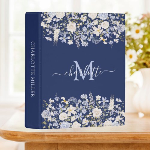 Watercolor Blue Flowers Elegant Script Monogrammed Mini Binder