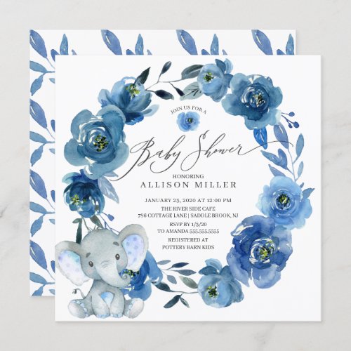 Watercolor Blue Flowers Elephant Baby Shower Invitation - Beautiful watercolor indigo navy blue flowers elephant baby shower design with a coordinating leaf back for an extra special touch.