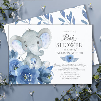 Watercolor Blue Flowers Elephant Baby Shower Invitation by invitationstop at Zazzle
