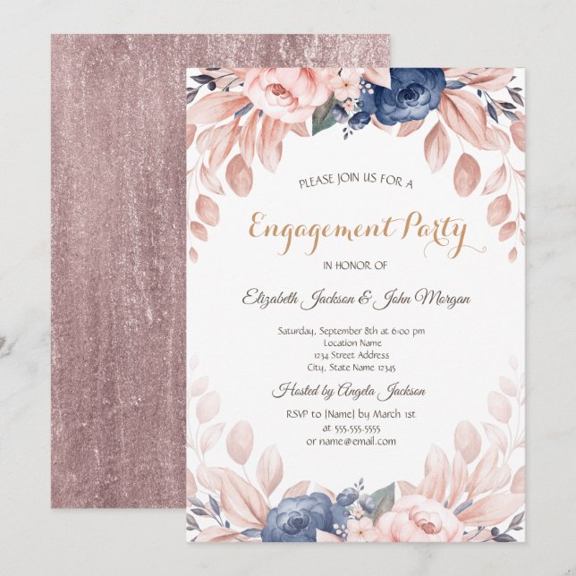 Watercolor Blue Flowers Engagement  Invitation (Front/Back)