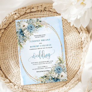 Watercolor Blue Flowers Eucalyptus Gold Wedding Invitation
