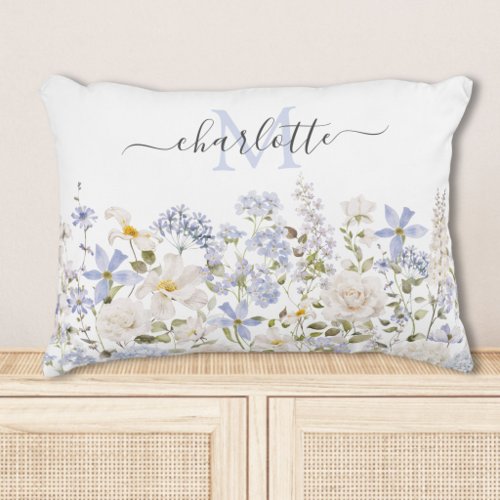 Watercolor Blue Flowers Floral Elegant Monogram Accent Pillow