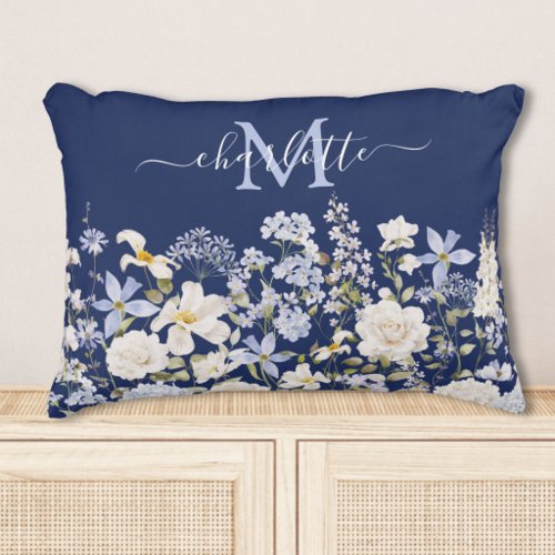 Watercolor Blue Flowers Floral Elegant Monogram Accent Pillow
