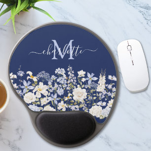 Watercolor Blue Flowers Floral Elegant Monogram Gel Mouse Pad
