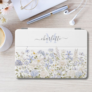 Watercolor Blue Flowers Floral Elegant Monogram iPad Mini Cover