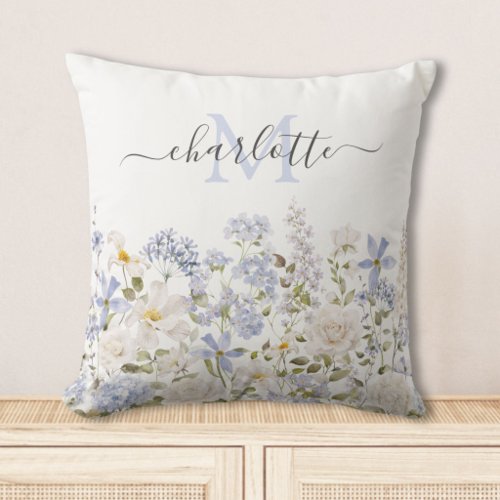 Watercolor Blue Flowers Floral Elegant Monogram Throw Pillow