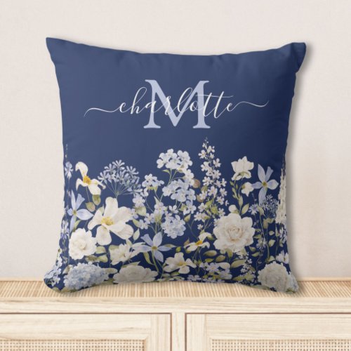 Watercolor Blue Flowers Floral Elegant Monogram Throw Pillow