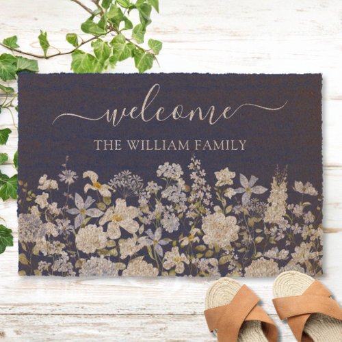 Watercolor Blue Flowers Floral Elegant Welcome Fiber Doormat