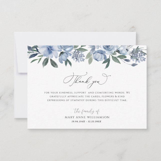 watercolor blue flowers funeral thank you cards (Front)