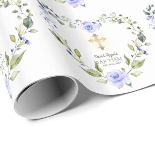 Watercolor Blue Flowers Gold Cross Boy Baptism Wrapping Paper