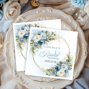 Watercolor blue flowers gold frame bridal napkins