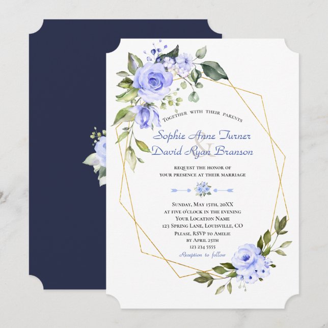 Watercolor Blue Flowers Gold Frame Wedding Invitation (Front/Back)