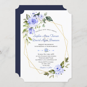 Watercolor Blue Flowers Gold Frame Wedding Invitation