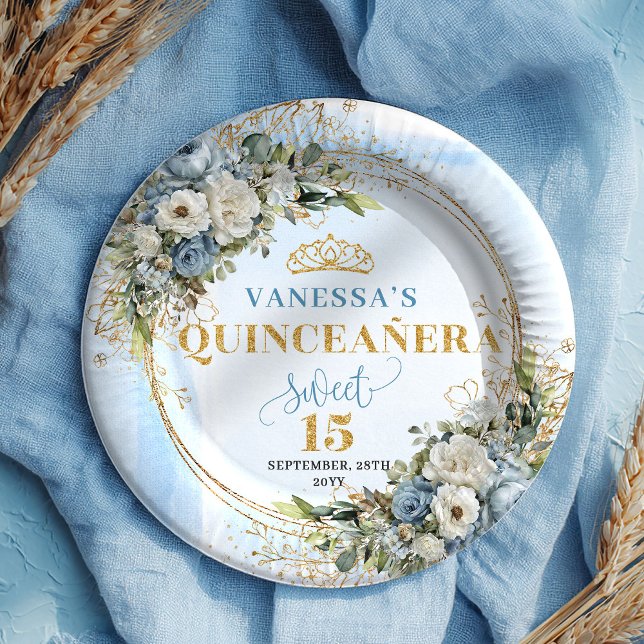 Watercolor Blue Flowers Gold Personalized Quince Paper Plates (Watercolor Blue Flowers Gold Personalized Quince)
