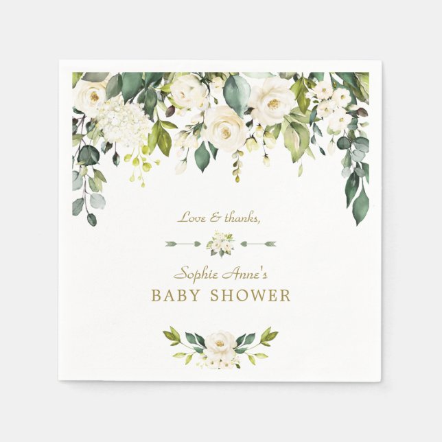 Watercolor Blue Flowers Green Foliage Baby Shower Napkins (Front)