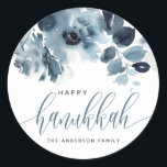 Watercolor Blue Flowers Happy Hanukkah Calligraphy Classic Round Sticker<br><div class="desc">Happy Hanukkah! Add a beautiful floral accent to your gifts,  cards and envelopes with these floral stickers. It features a watercolour pattern of blue flowers. The texts are fully editable for any event. Matching items are available.</div>