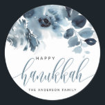Watercolor Blue Flowers Happy Hanukkah Calligraphy Classic Round Sticker<br><div class="desc">Happy Hanukkah! Add a beautiful floral accent to your gifts,  cards and envelopes with these floral stickers. It features a watercolour pattern of blue flowers. The texts are fully editable for any event. Matching items are available.</div>