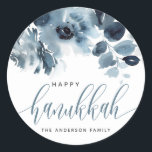 Watercolor Blue Flowers Happy Hanukkah Calligraphy Classic Round Sticker<br><div class="desc">Happy Hanukkah! Add a beautiful floral accent to your gifts,  cards and envelopes with these floral stickers. It features a watercolour pattern of blue flowers. The texts are fully editable for any event. Matching items are available.</div>