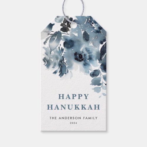 Watercolor Blue Flowers Happy Hanukkah Gift Tags