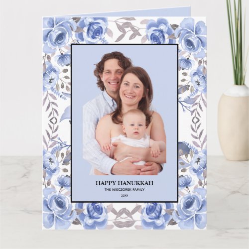 Watercolor Blue Flowers Happy Hanukkah Photo Card